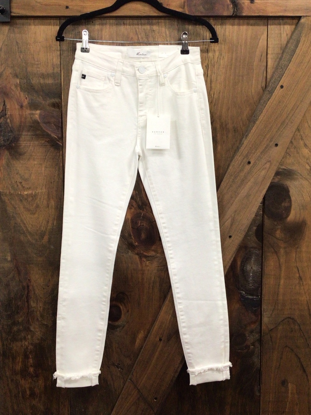 KanCan White High-Rise Skinny Jeans with Frayed Hem